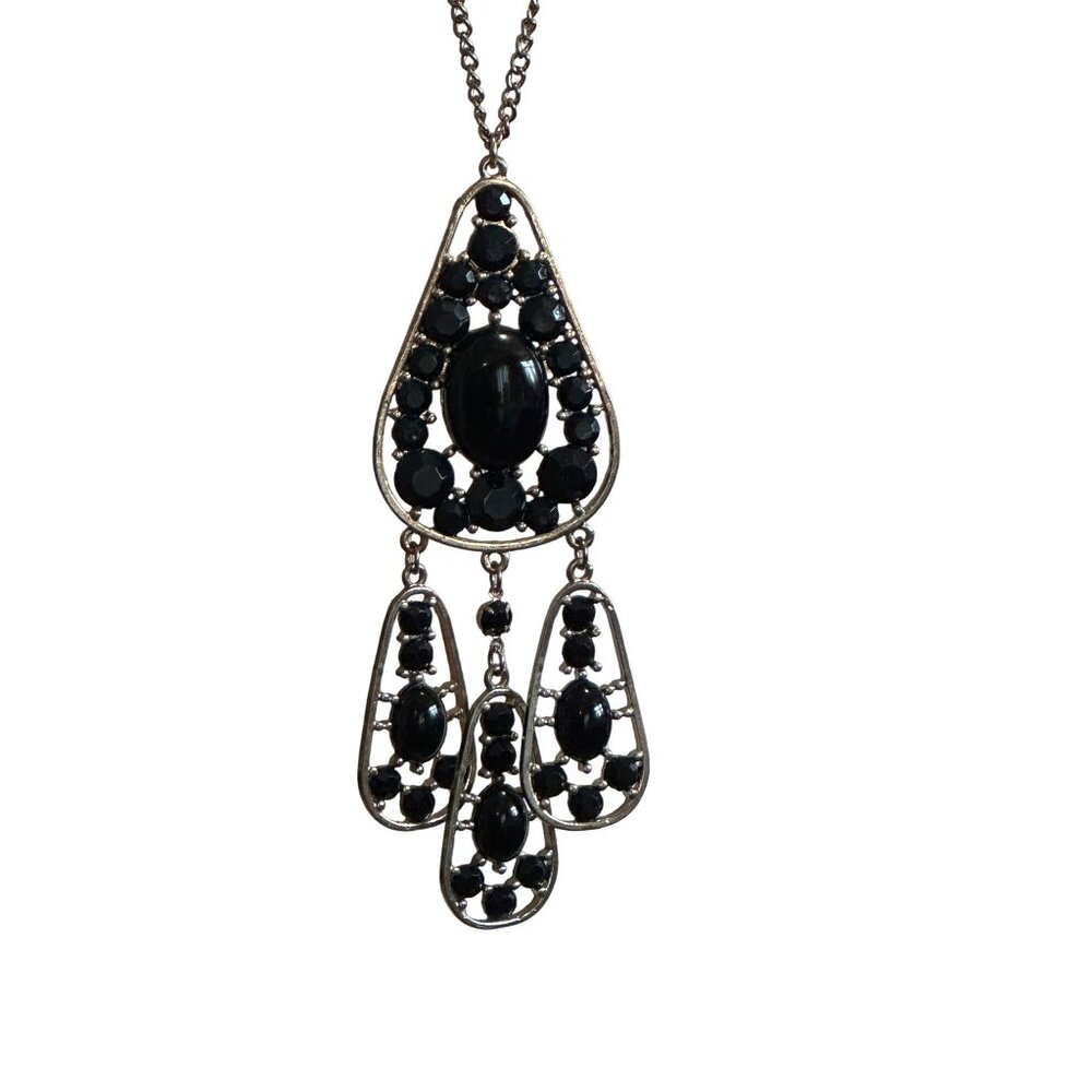 Black Stone Statement Necklace With Long Gold Chain & Teardrop Pendant
